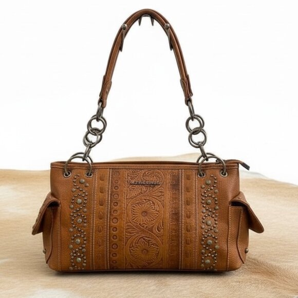 Montana West Handbags - Montana West Embossed Brown Satchel Floral Studded Western Style Handbag NWT